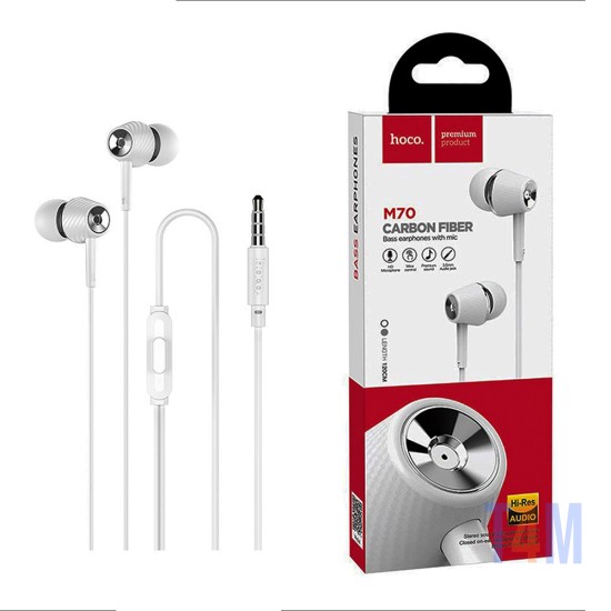 Auscultadores Universais Hoco M70 Graceful com Cabo e Microfone 3,5 mm 1,2 m Branco